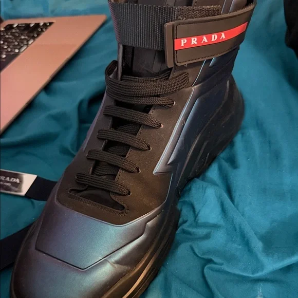 Prada Polarius Futuristic Black Iridescent High Top Sneakers Men's Size 12 - Picture 2 of 9